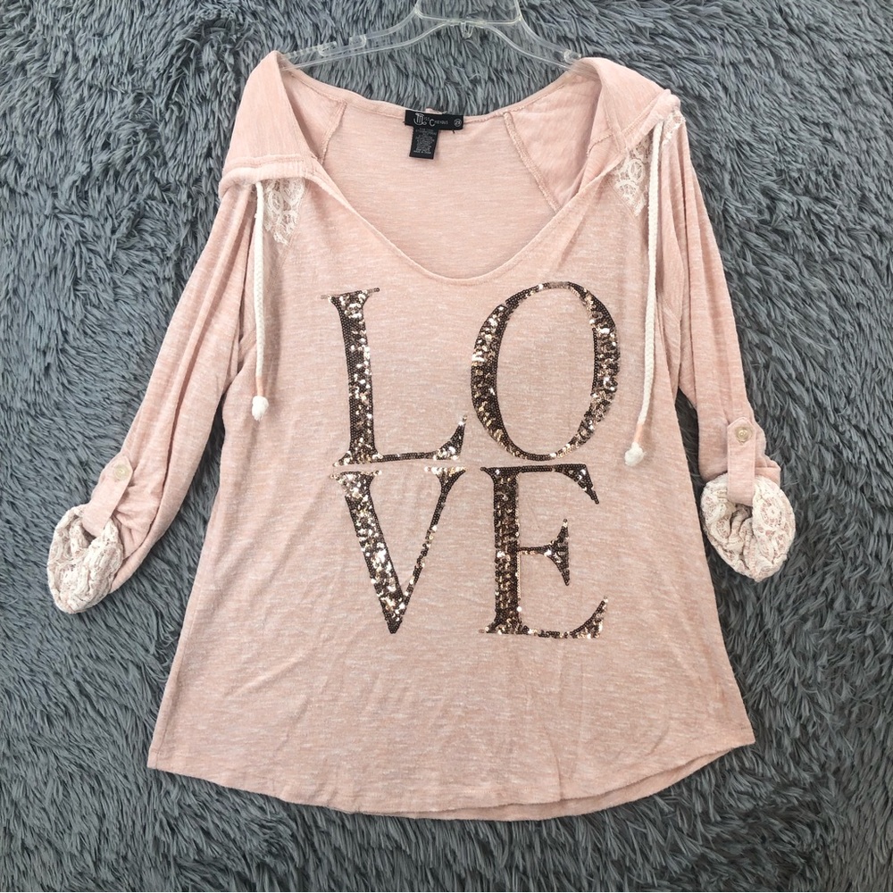 Miss Chievous Top Womens 2X Pink Sequin Lace Detail Soft Hooded Tab Sleeves